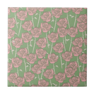 Groene Roze Roos Retro Y2K 70s Bloem Patroon Tegeltje