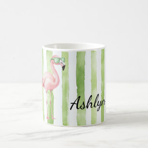 Groene Roze Strepen Flamingo Verjaardag Koffiemok