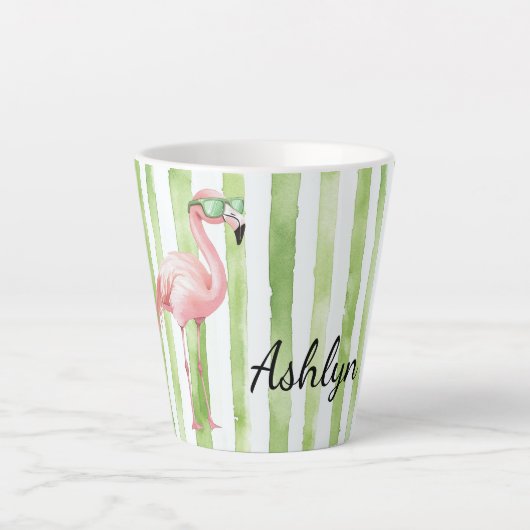 Groene Roze Strepen Flamingo Verjaardag Latte Mok (Voorkant)