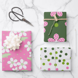 GROENE ROZE WITTE MARGRIETENBLOEMEN & STIPPEN INPAKPAPIER VEL