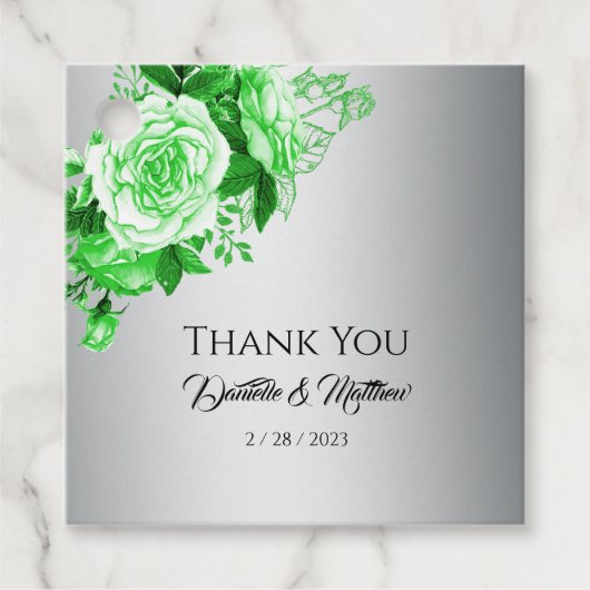 Groene Rozen Botanische Elegantie Zilveren Bruilof Bedankjes Labels (Voorkant)