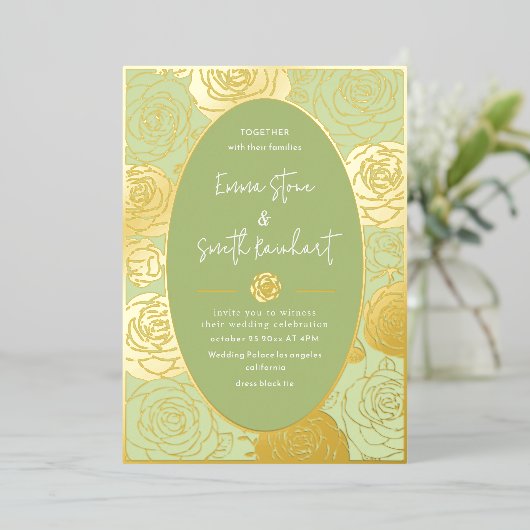 Groene Rozen bruiloft Folie uitnodiging (Staand Voorkant)