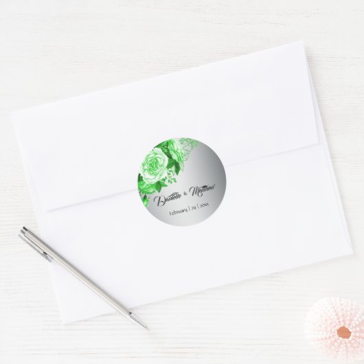 Groene Rozen Elegance Bruiloft Ronde Sticker (Envelop)