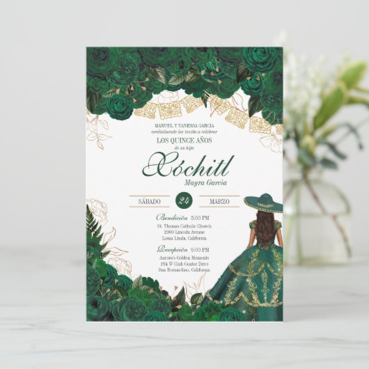 Groene Rozen Elegant Emerald Charro Quinceanera In Kaart (Staand voorkant)