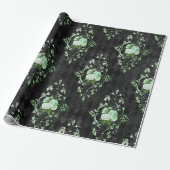 Groene Rozen en Zwart Harlekijnpatroon Cadeaupapier (Uitgerold)