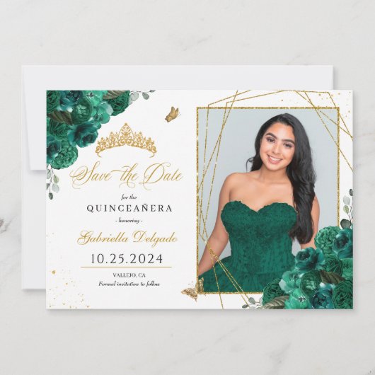 Groene Rozen Fotokaart Quinceañera De datum opslaa Kaart (Voorkant)