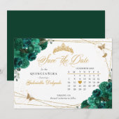 Groene Rozen & Gouden Quinceañera Save The Date Kaart (Voorkant / Achterkant)