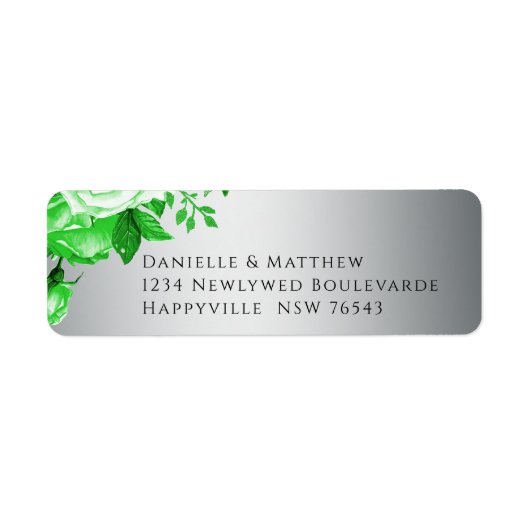 Groene Rozen op luxe zilveren elegante bruiloft Etiket (Voorkant)