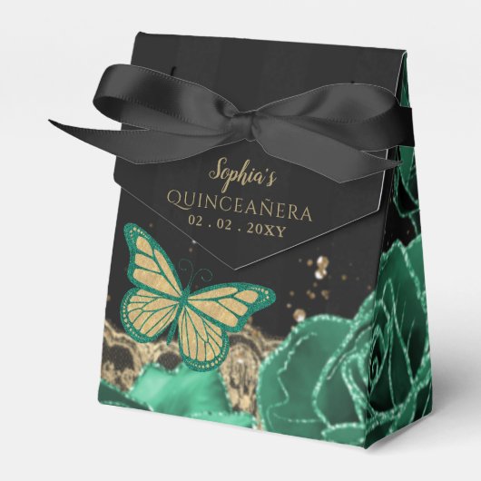  Groene Rozen Zwart Goud Kant Quinceañera Bedankdoosjes (Voorkant Zijde)