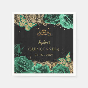  Groene Rozen Zwart Goud Kant Quinceañera Servet