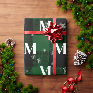 Groene ruit en sneeuwvlokken Monogram Eerste Lette Cadeaupapier