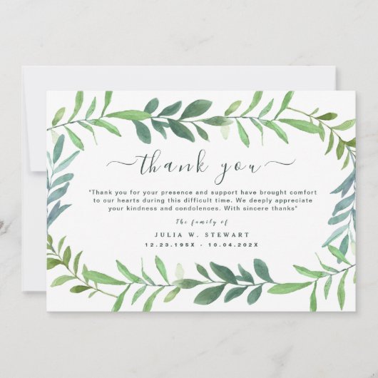 Groene rustieke Eucalyptus begrafenis Dank u opmer Kaart (Voorkant)