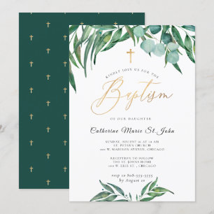 Groene Rustieke Eucalyptus Nep Goud Doop Kaart