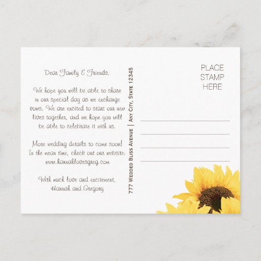 GROENE RUSTIEKE ZONNEBLOEM SAVE THE DATE BRIEFKAAR AANKONDIGINGSKAART (Achterkant)