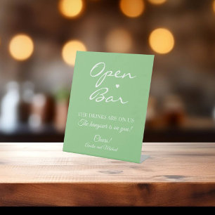Groene Sage Handtekening Script Open Bar Bruiloft Reclamebord Met Voetstuk