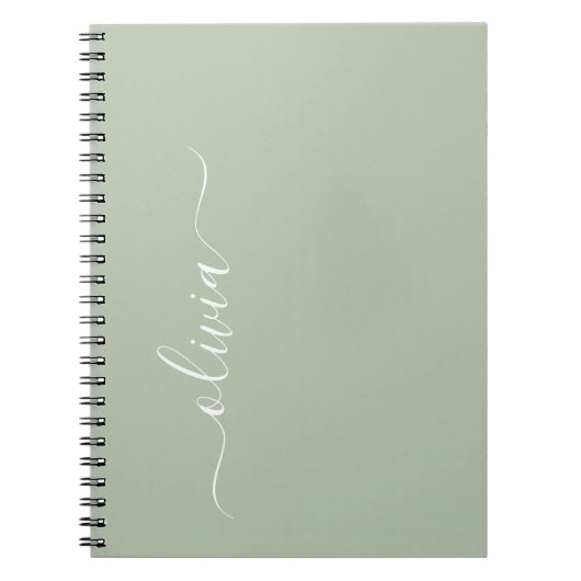 Groene Sage Modern Script Girly Monogram Naam Notitieboek (Voorkant)