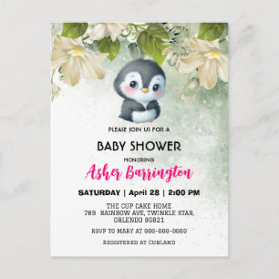 Groene Schattigee zoete pinguïn bloem baby shower Briefkaart