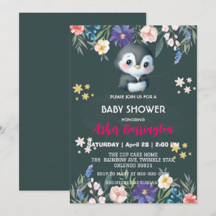Groene Schattigee zoete pinguïn bloem baby shower  Kaart
