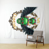 Groene schedels met zwarte vleugels en bloemkroon wandkleed (In Situ (horizontaal))