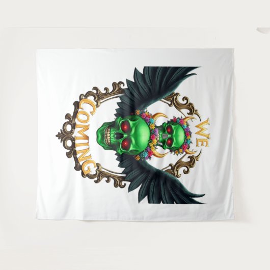 Groene schedels met zwarte vleugels en bloemkroon wandkleed (Voorkant (horizontaal))