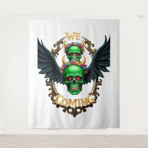 Groene schedels met zwarte vleugels en bloemkroon wandkleed