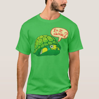 Groene schildpad vraagt of het OK is om uit zijn z T-shirt