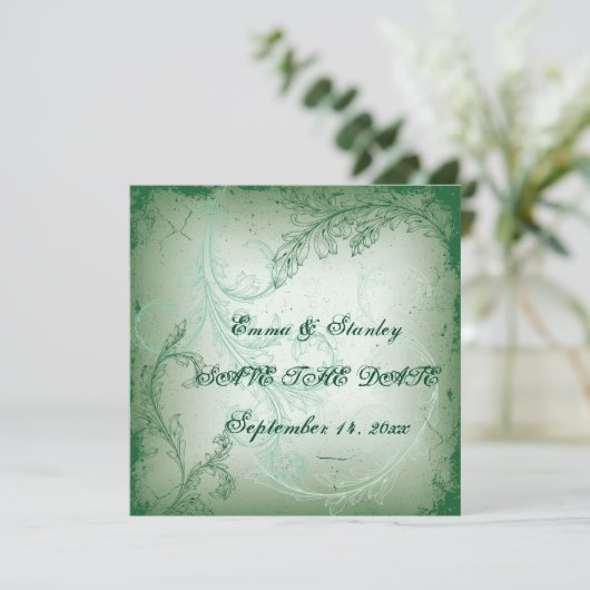  groene scroll leaf bruiloft Save the Date (Staand voorkant)