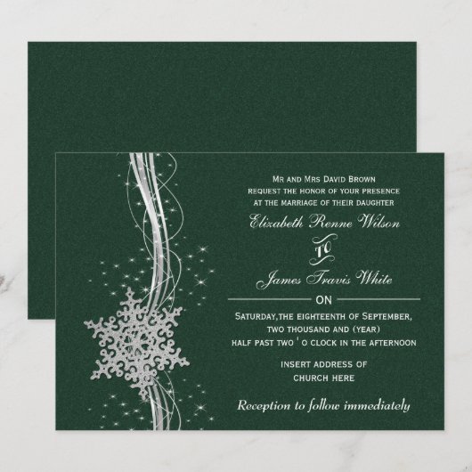 groene Silver Snowflakes Winter bruiloft uitnodigi Kaart (Voorkant / Achterkant)