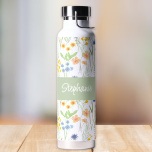 Groene Sinaasappel Waterverf Wilde Bloem Monogram Waterfles