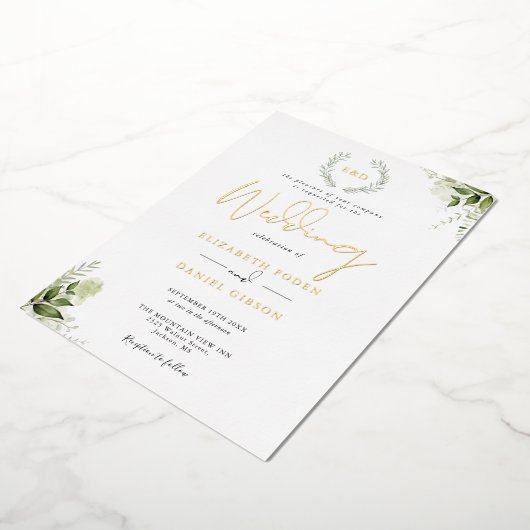 Groene Slinger Monogram Bruiloft Goud Folie Uitnodiging (Gedraaid)