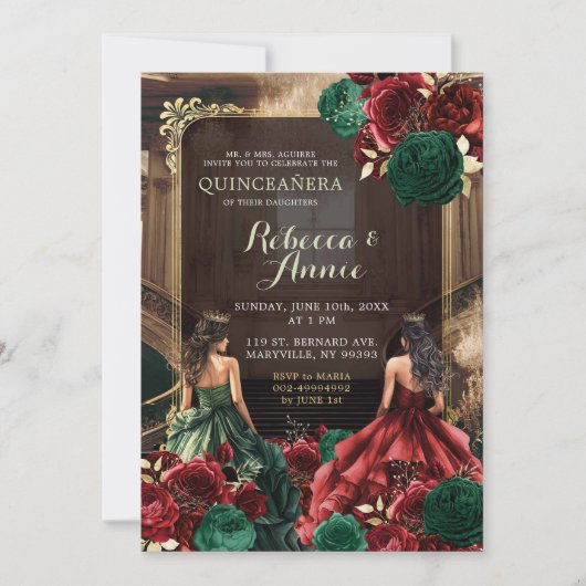 Groene Smaragd en Bourgondië Rode Bloemen Quinceañ Kaart (Voorkant)
