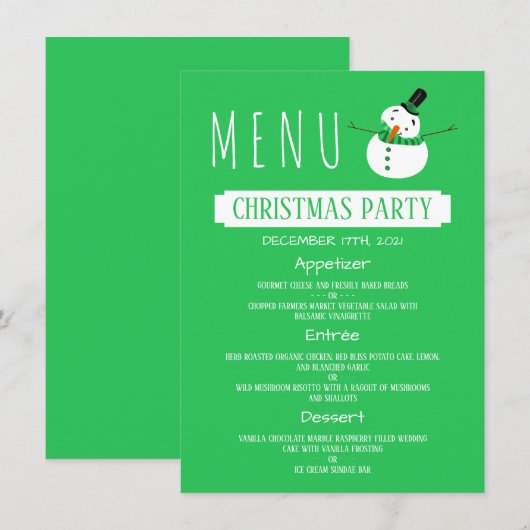 Groene Sneeuwman, Kerstfeest Menu Kaart (Voorkant / Achterkant)