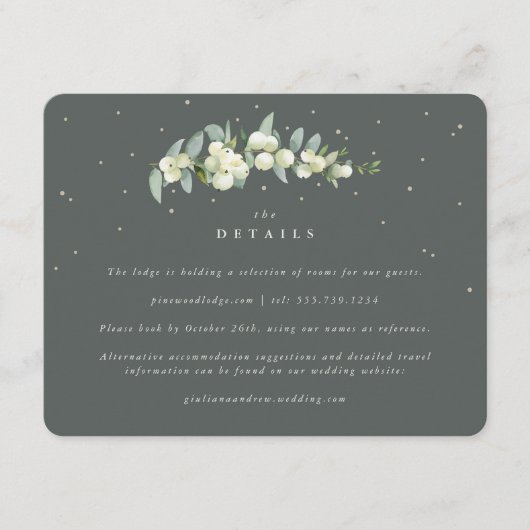 Groene Snowberry+Eucalyptus Stambruiloft Details Informatiekaartje (Voorkant)