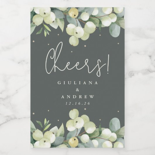 Groene Snowberry+Eucalyptus Winter Bruiloft Mini Wijn Etiket (Enkel label)