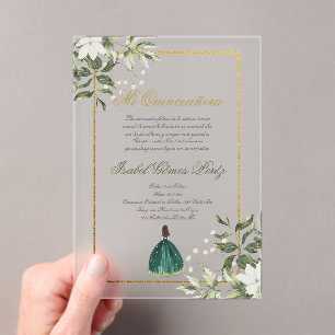 Groene Spaanse Quinceanera Acryl Uitnodigingen