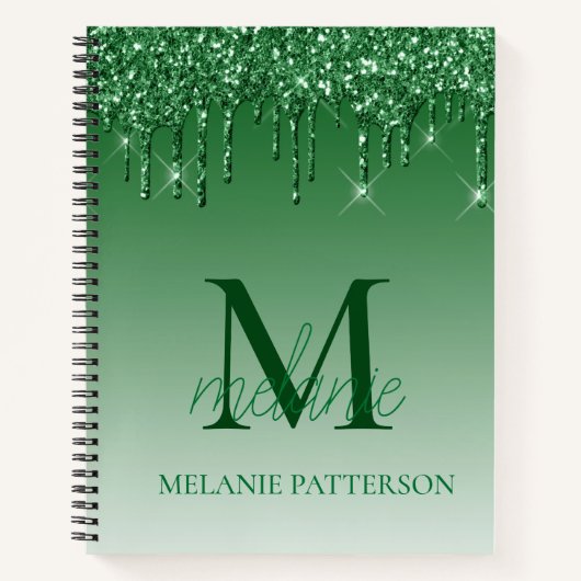 Groene Sparkle Glitter Drip Monogram Naam Notitieboek (Voorkant)