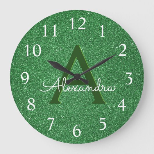 Groene Sparkle Glitter Monogram Naam & Initiaal Grote Klok (Voorkant)