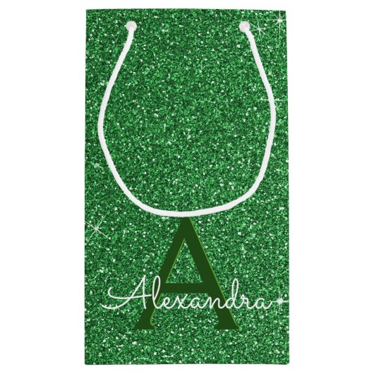 Groene Sparkle Glitter Monogram Naam & Initiaal Klein Cadeauzakje (Achterkant)