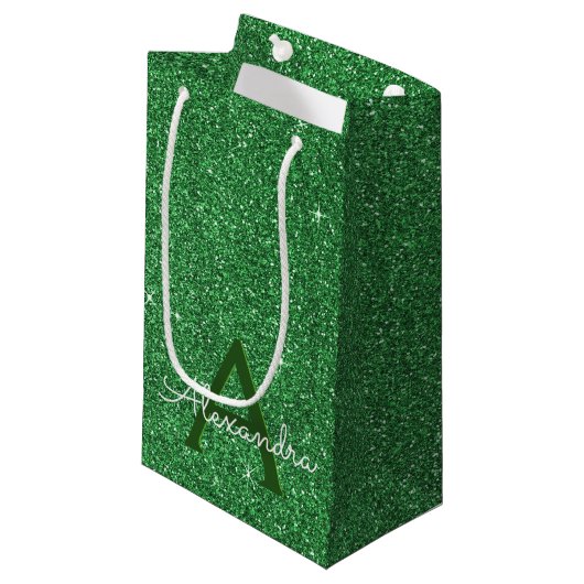 Groene Sparkle Glitter Monogram Naam & Initiaal Klein Cadeauzakje (Voorkant Gekanteld)