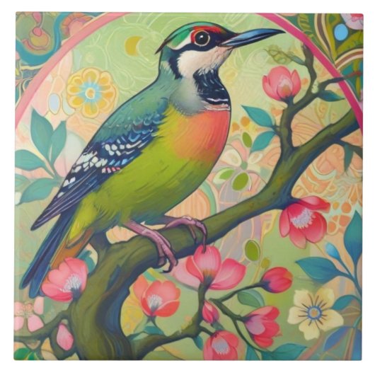 Groene specht Vogel Oosters Aziatisch Roze Bloemen Tegeltje (Voorkant)