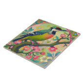 Groene specht Vogel Oosters Aziatisch Roze Bloemen Tegeltje (Zijkant)