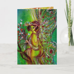 GROENE SPROOKJESFIGUUR MET GOUDEN BLOMENSPATTEN IN FEESTDAGEN KAART