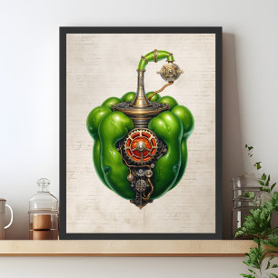 Groene Steampunk Bell pepermuur kunst, keuken Poster