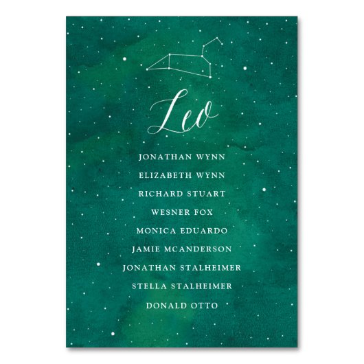 Groene Sterren Galaxy Bruiloft Zitkaart Kaart Leo (Voorkant)