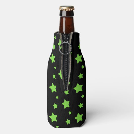 Groene sterren op zwart patroon flesjeskoeler (Fles Achterkant)