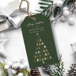Groene stijl Doodle kerstboom, rendier, sterren Cadeaulabel
