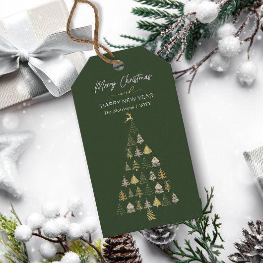 Groene stijl Doodle kerstboom, rendier, sterren Cadeaulabel