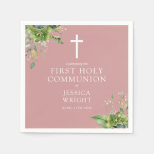Groene stoffige roze roze Eerste Heilige Communie Servet