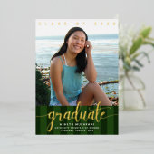 Groene strepen afstuderen fotoscript echt goud folie uitnodiging (Staand Voorkant)