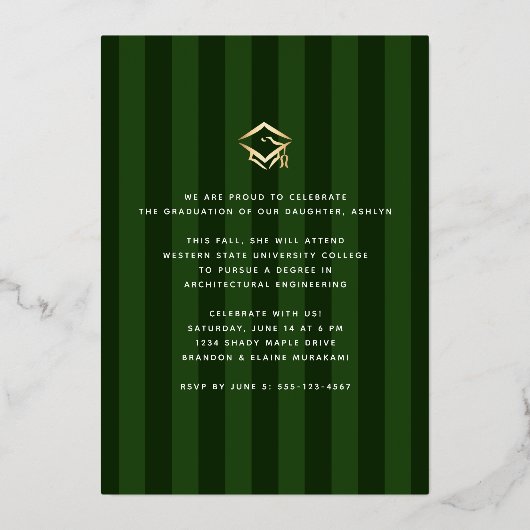 Groene strepen afstuderen fotoscript echt goud folie uitnodiging (Achterkant)